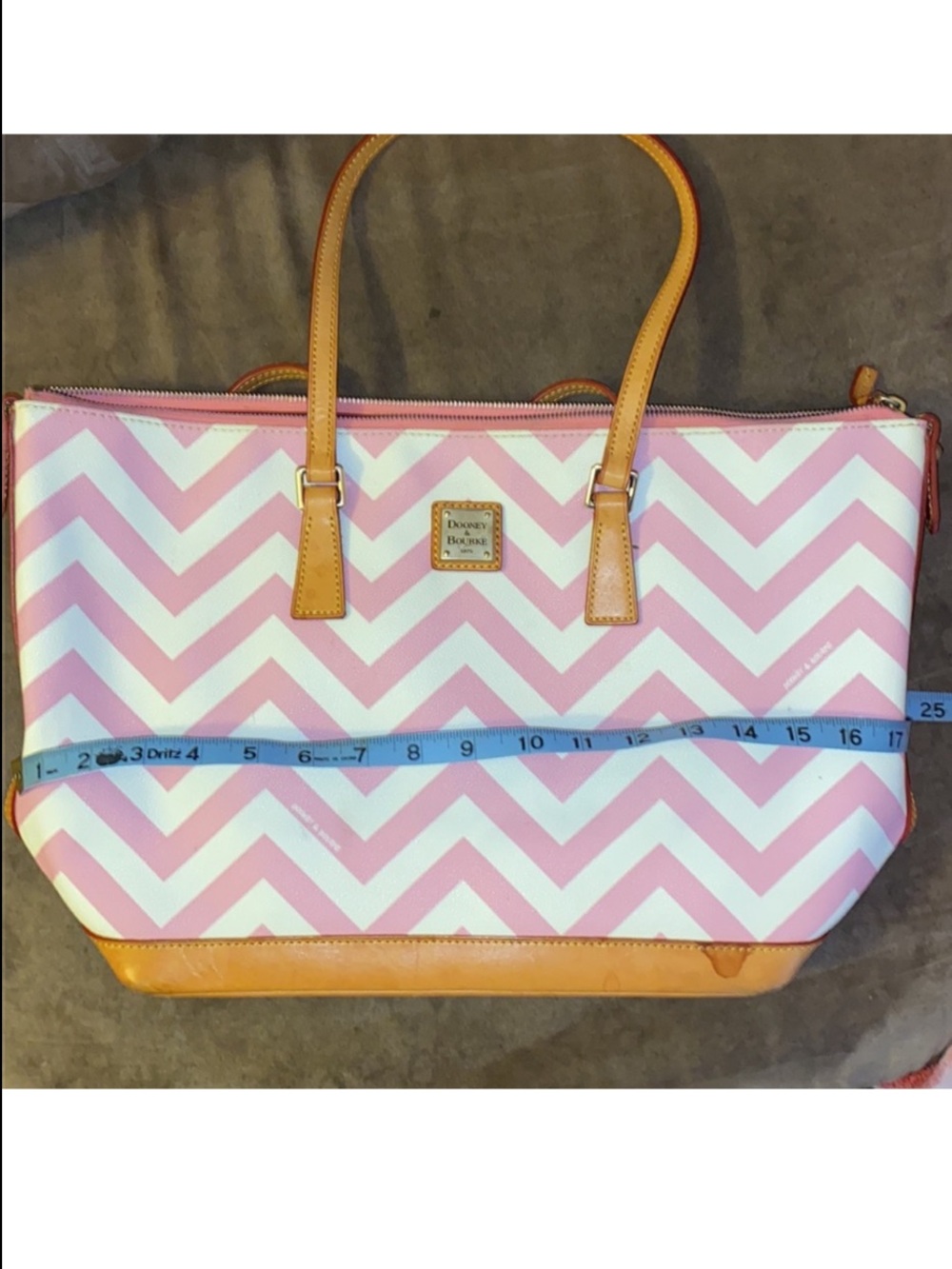 Dooney & Bourke Pink and White Chevron Tote with Tan Trim - Picture 7 of 7